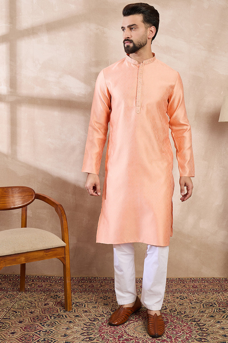 Peach Silk Blend Solid Embroidered Straight Kurta MKU1840