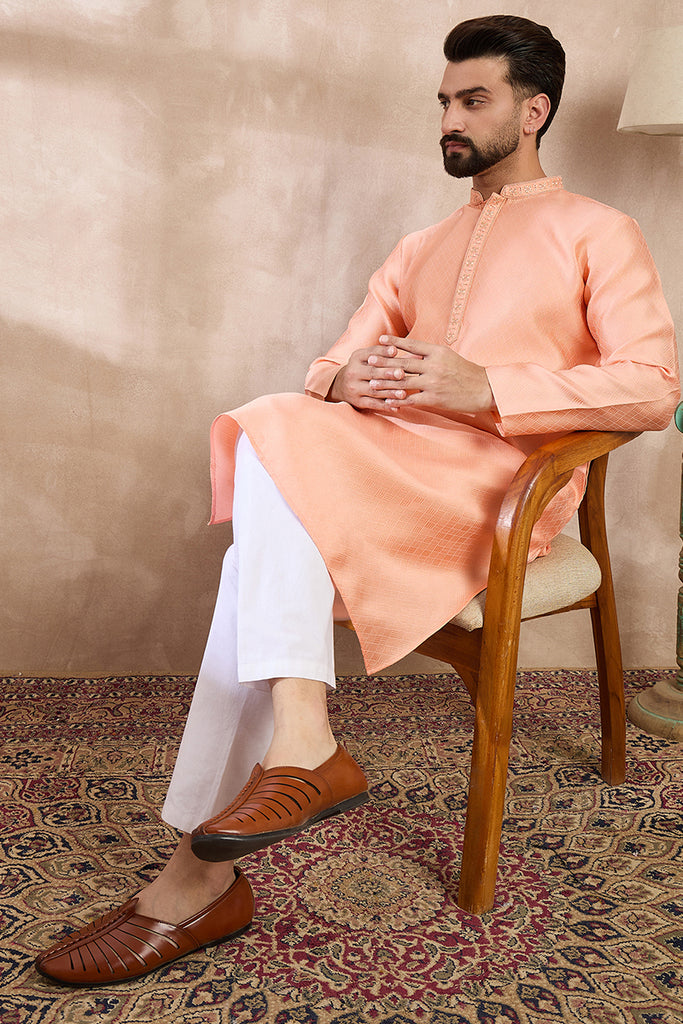 Peach Silk Blend Solid Embroidered Straight Kurta MKU1840