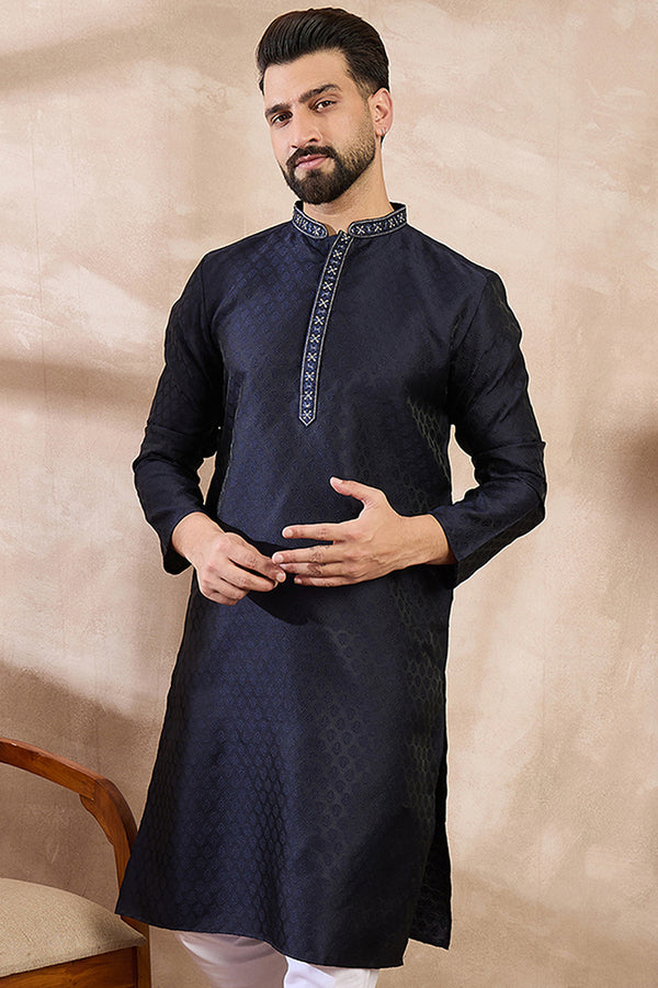 Navy Blue Silk Blend Solid Woven Design Straight Kurta MKU1853