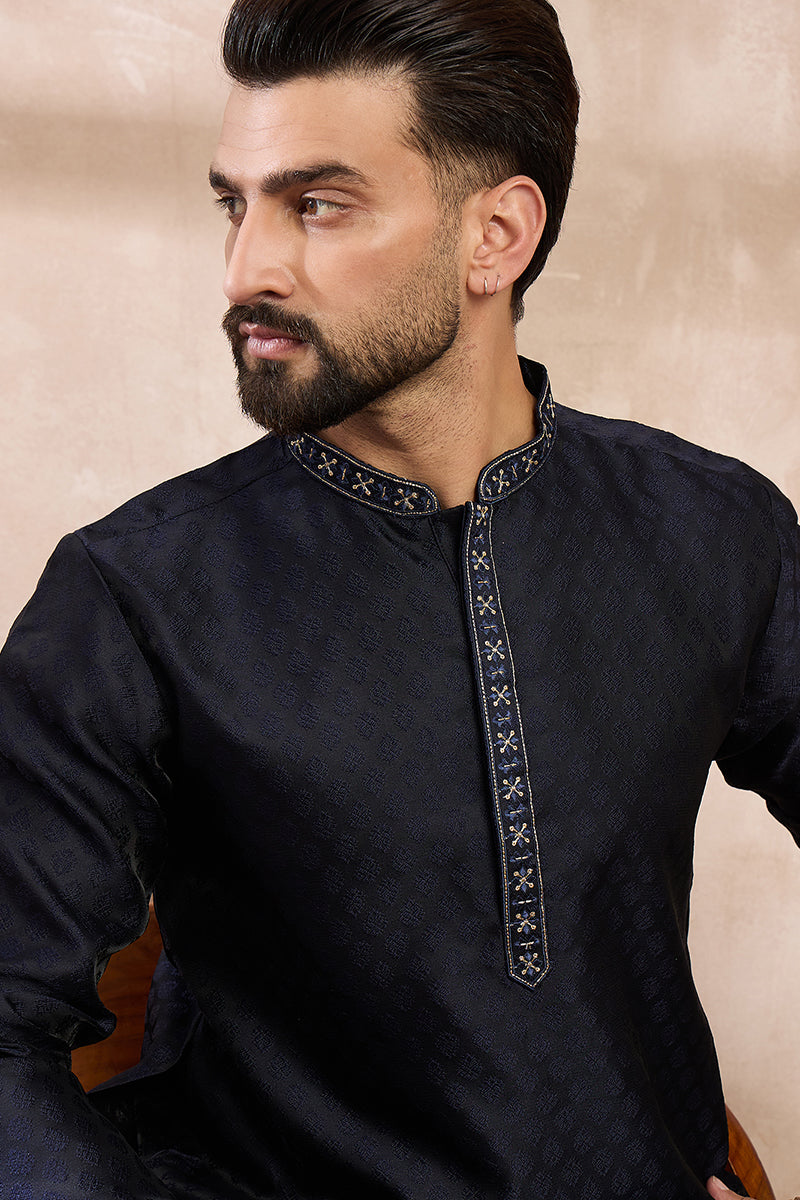 Navy Blue Silk Blend Solid Woven Design Straight Kurta MKU1853