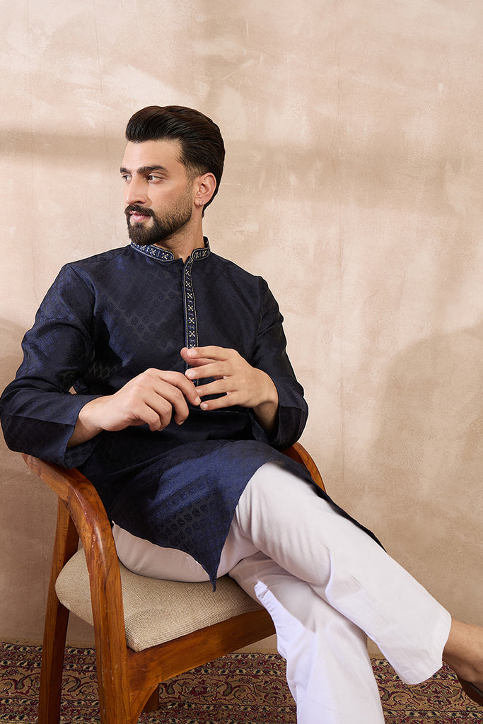 Navy Blue Silk Blend Solid Woven Design Straight Kurta MKU1853