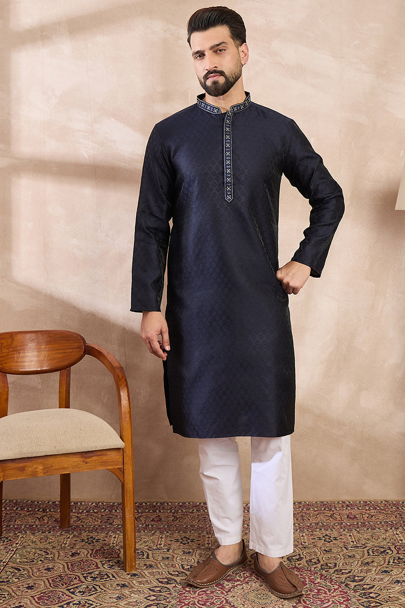 Navy Blue Silk Blend Solid Woven Design Straight Kurta MKU1853