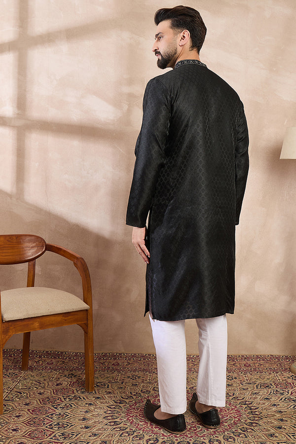 Black Silk Blend Solid Woven Design Straight Kurta MKU1854