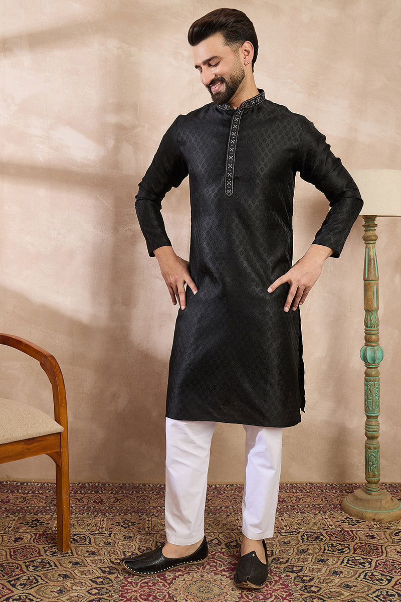 Black Silk Blend Solid Woven Design Straight Kurta MKU1854