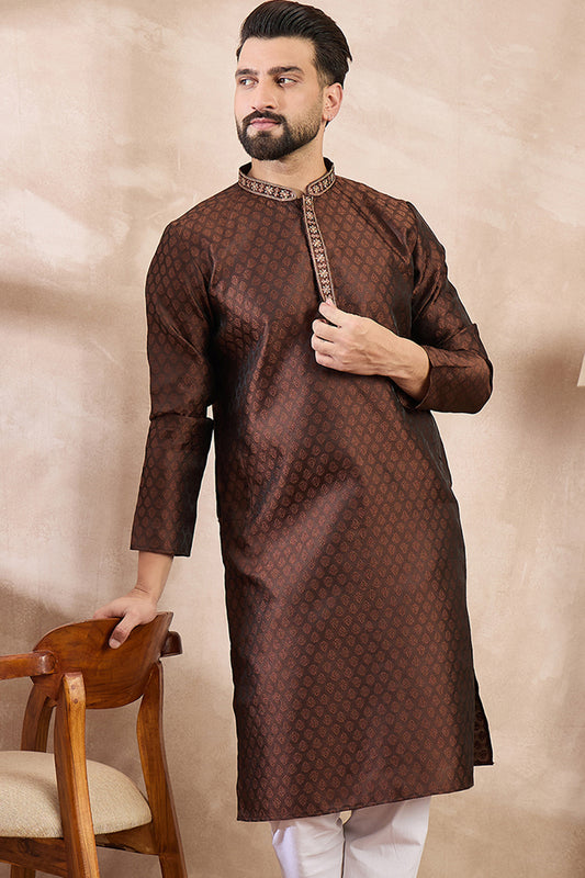 Brown Silk Blend Solid Woven Design Straight Kurta MKU1855