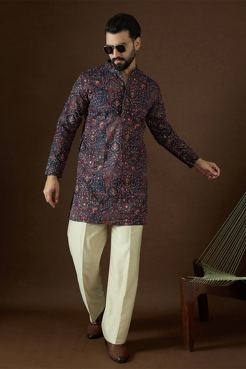 Blue Georgette Solid Embroidered Kurta With Trouser MKSET1872