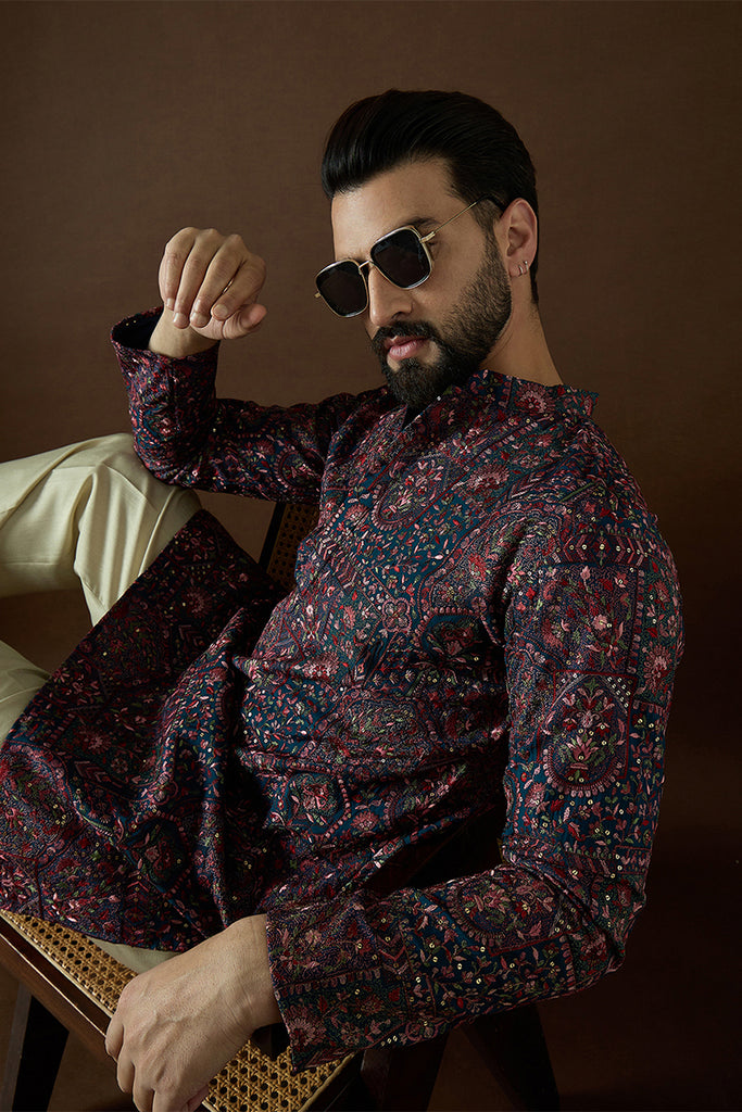 Blue Georgette Solid Embroidered Kurta With Trouser MKSET1872