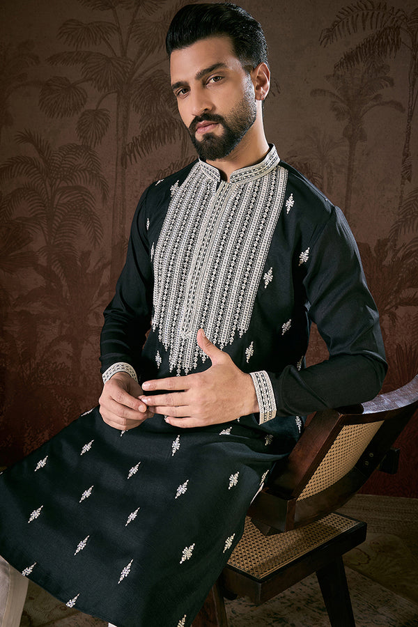 Black Silk Blend Solid Embroidered Straight Kurta MKU1883