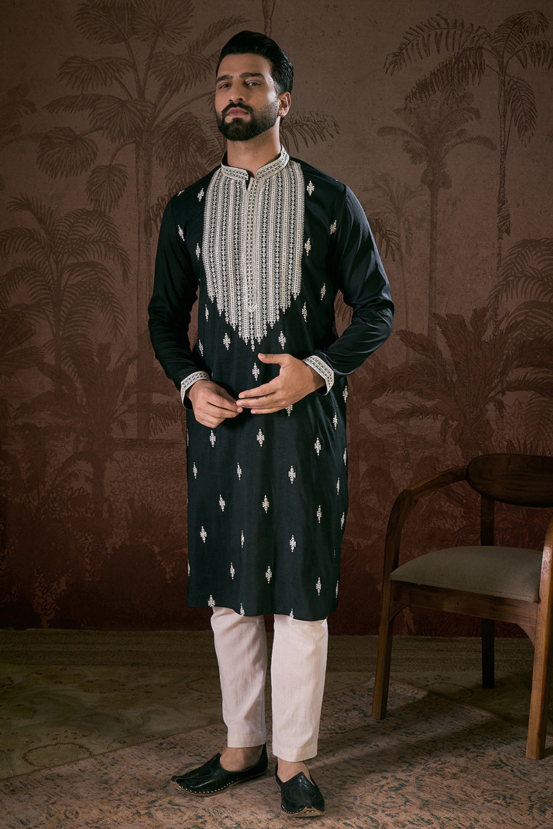 Black Silk Blend Solid Embroidered Straight Kurta MKU1883