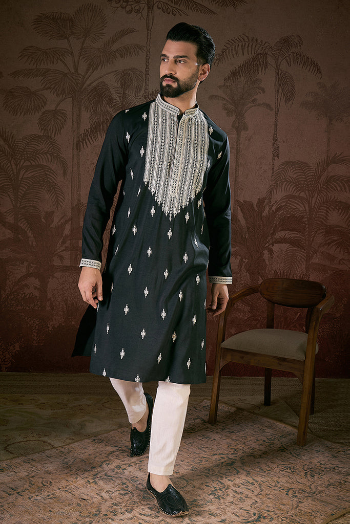 Black Silk Blend Solid Embroidered Straight Kurta MKU1883