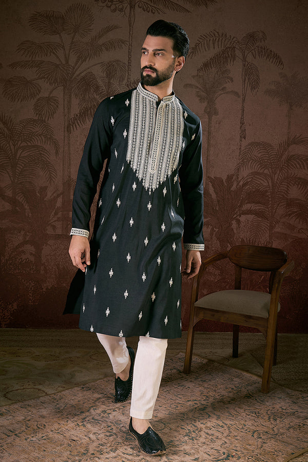 Black Silk Blend Solid Embroidered Straight Kurta MKU1883