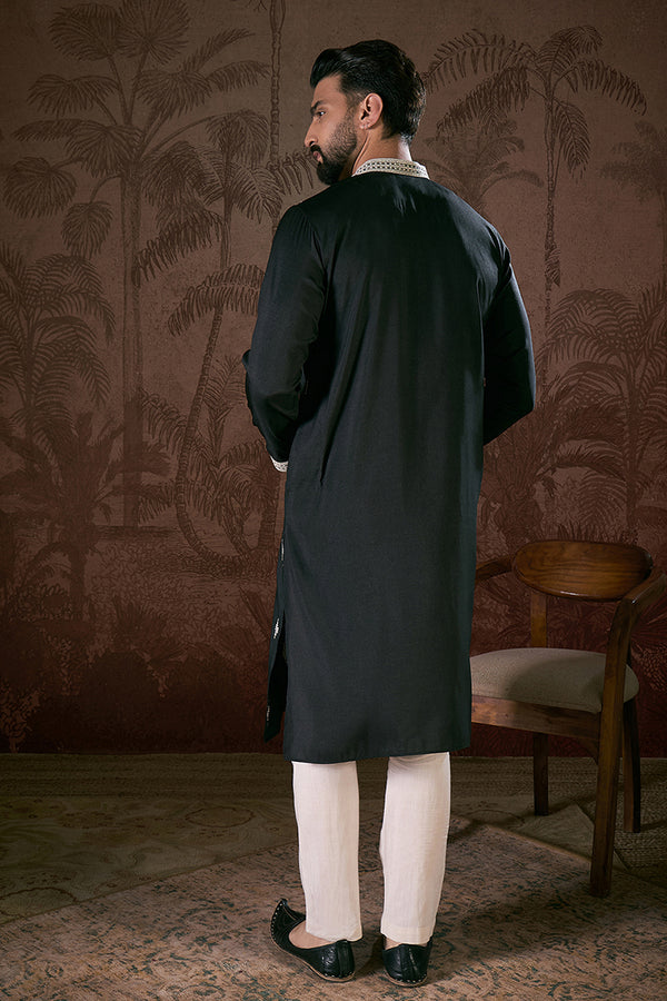 Black Silk Blend Solid Embroidered Straight Kurta MKU1883