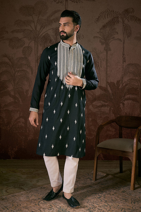 Black Silk Blend Solid Embroidered Straight Kurta MKU1883