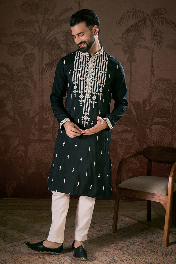 Black Silk Blend Solid Embroidered Straight Kurta MKU1885