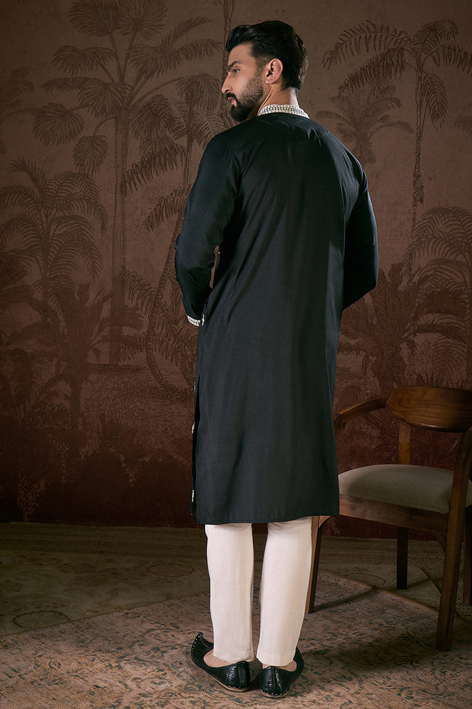 Black Silk Blend Solid Embroidered Straight Kurta MKU1885