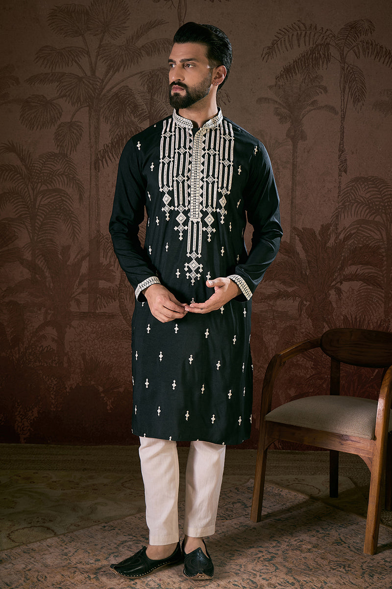 Black Silk Blend Solid Embroidered Straight Kurta MKU1885