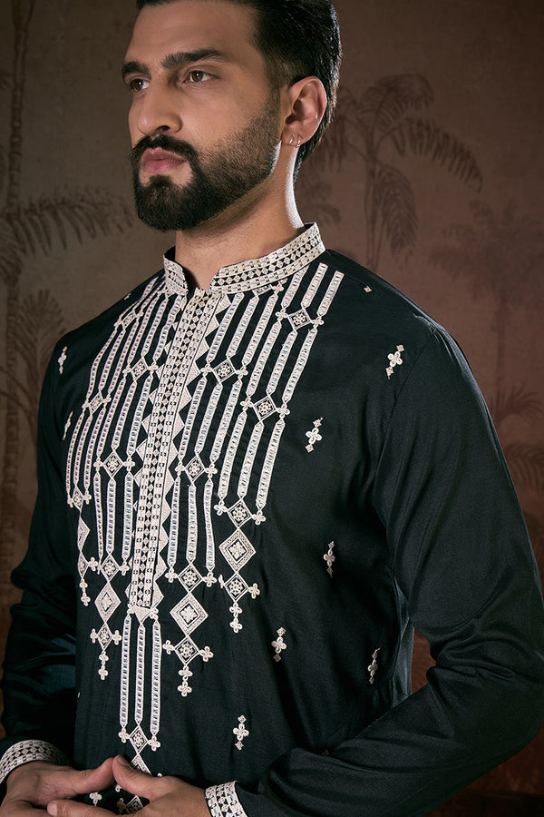Black Silk Blend Solid Embroidered Straight Kurta MKU1885