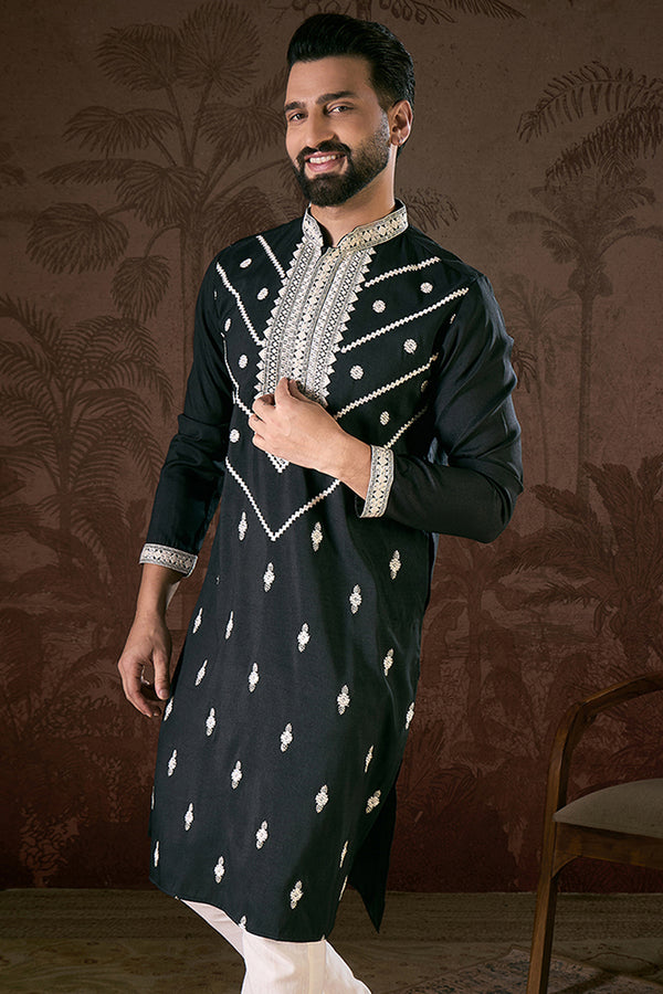 Black Silk Blend Solid Embroidered Straight Kurta MKU1886