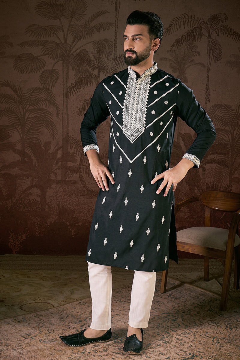 Black Silk Blend Solid Embroidered Straight Kurta MKU1886