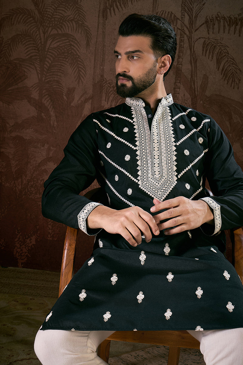 Black Silk Blend Solid Embroidered Straight Kurta MKU1886