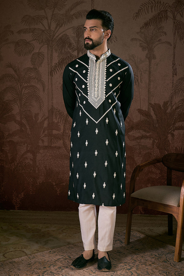 Black Silk Blend Solid Embroidered Straight Kurta MKU1886