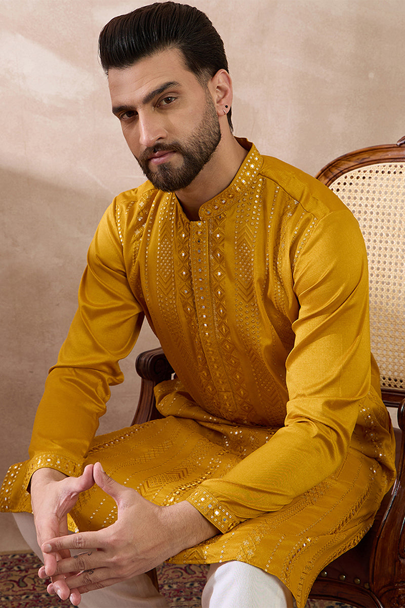 Mustard Silk Blend Embroidered Mandarin Collar Straight Kurta MKU1888