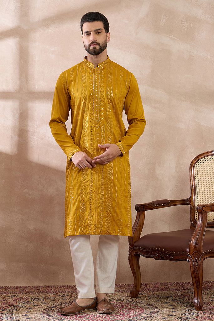 Mustard Silk Blend Embroidered Mandarin Collar Straight Kurta With Trouser MKSET1888