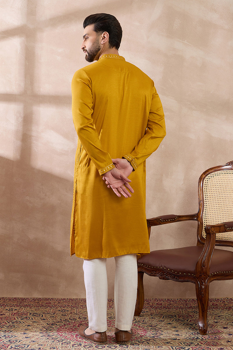 Mustard Silk Blend Embroidered Mandarin Collar Straight Kurta With Trouser MKSET1888