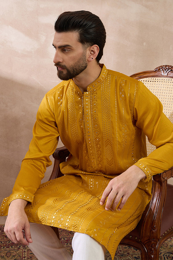 Mustard Silk Blend Embroidered Mandarin Collar Straight Kurta With Trouser MKSET1888