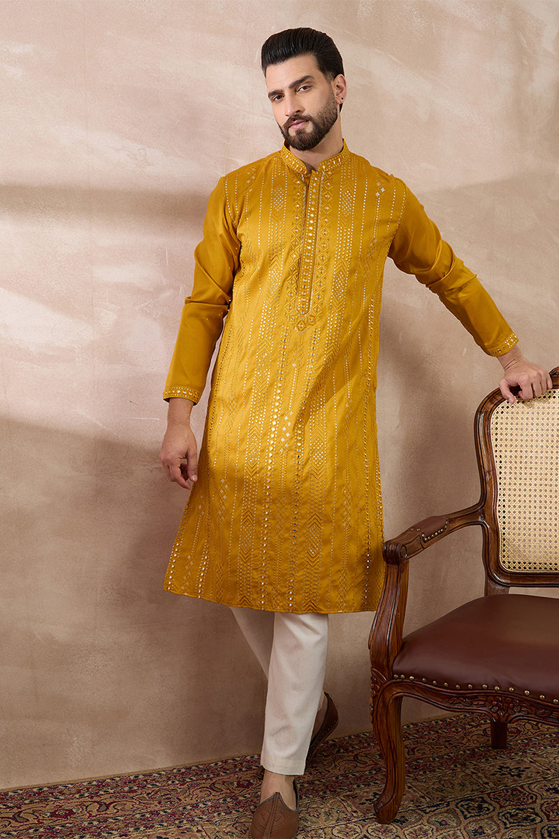 Mustard Silk Blend Embroidered Mandarin Collar Straight Kurta With Trouser MKSET1888