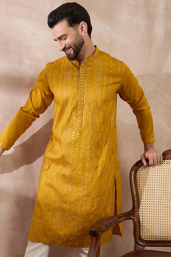 Mustard Silk Blend Embroidered Mandarin Collar Straight Kurta With Trouser MKSET1888