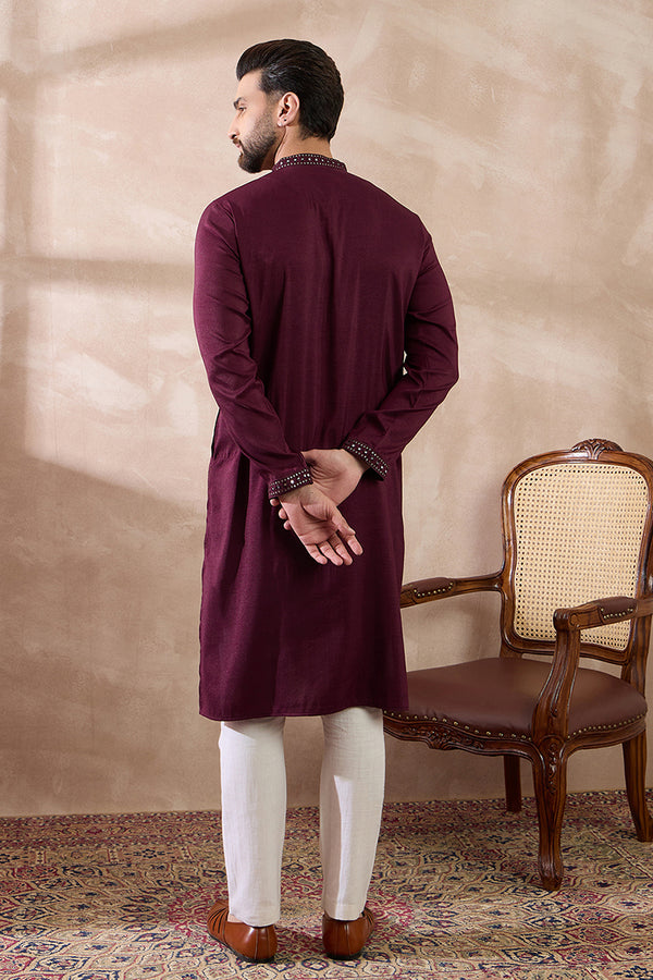 Purple Silk Blend Embroidered Mandarin Collar Straight Kurta MKU1889