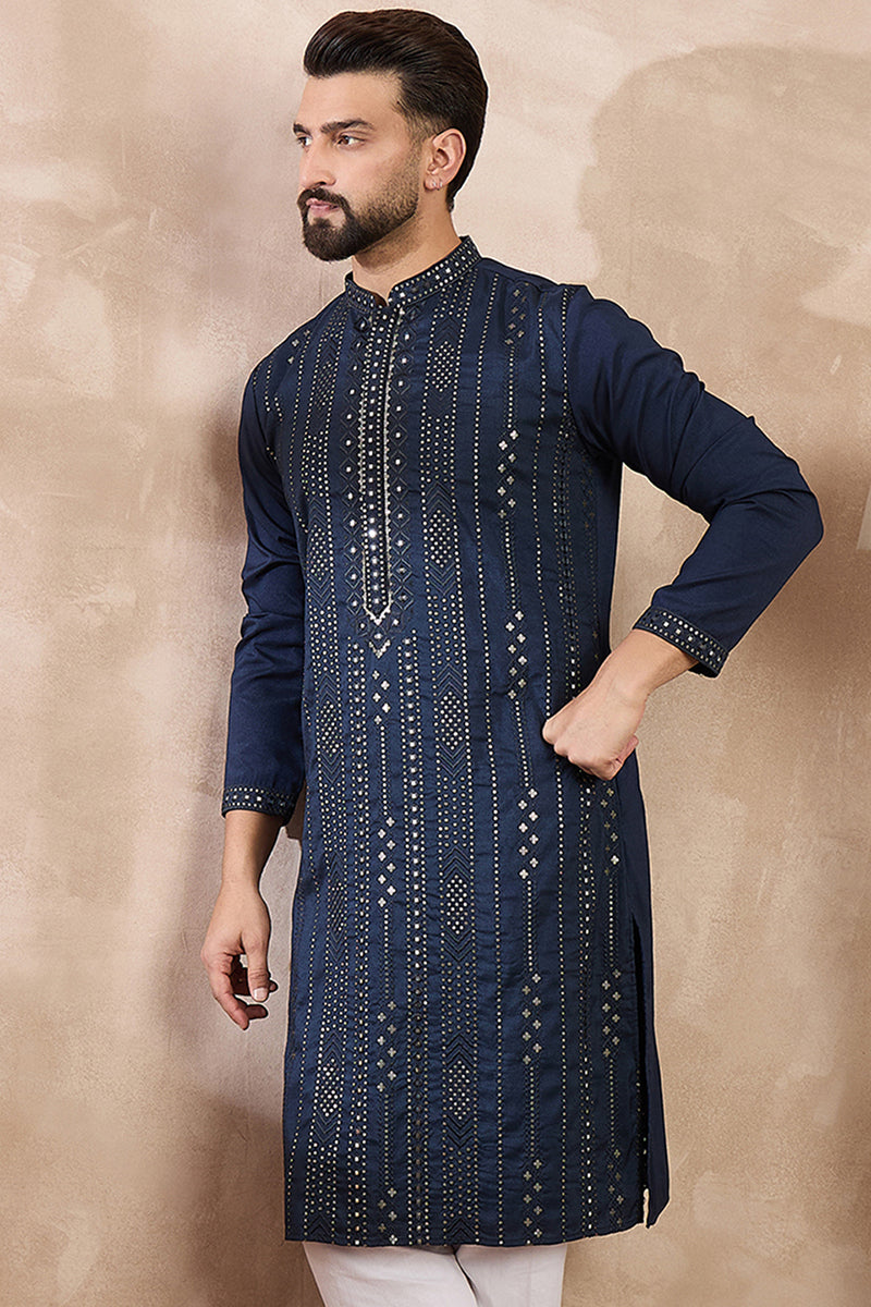 Blue Silk Blend Geometric Embroidered Straight Kurta MKU1890