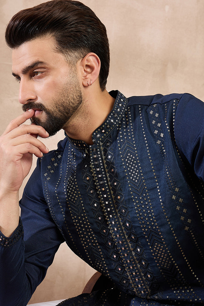 Blue Silk Blend Geometric Embroidered Straight Kurta MKU1890