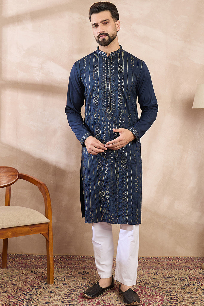 Blue Silk Blend Geometric Embroidered Straight Kurta MKU1890