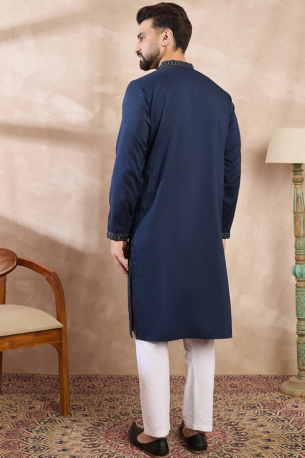 Blue Silk Blend Geometric Embroidered Straight Kurta MKU1890