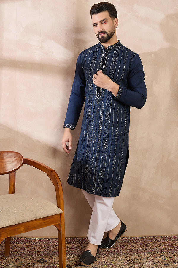 Blue Silk Blend Geometric Embroidered Straight Kurta MKU1890