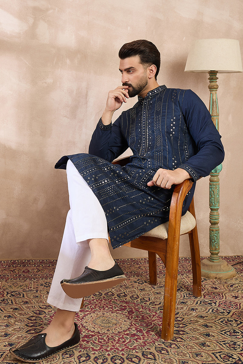Blue Silk Blend Geometric Embroidered Straight Kurta MKU1890