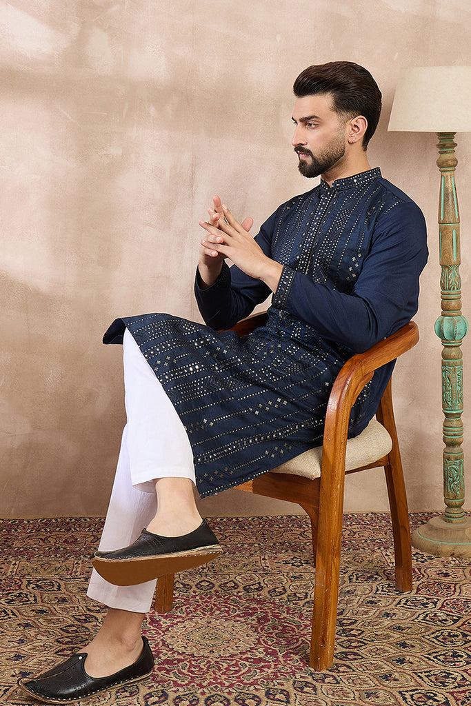 Blue Silk Blend Geometric Embroidered Straight Kurta MKU1890