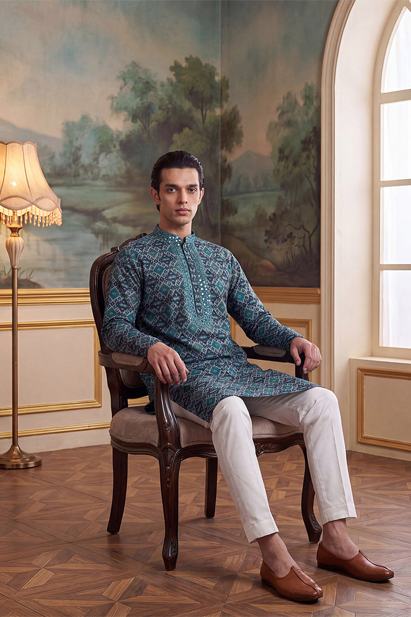 Sea Green Silk Blend Ethnic Motifs Ikat Printed Kurta With Trouser MKSET1893