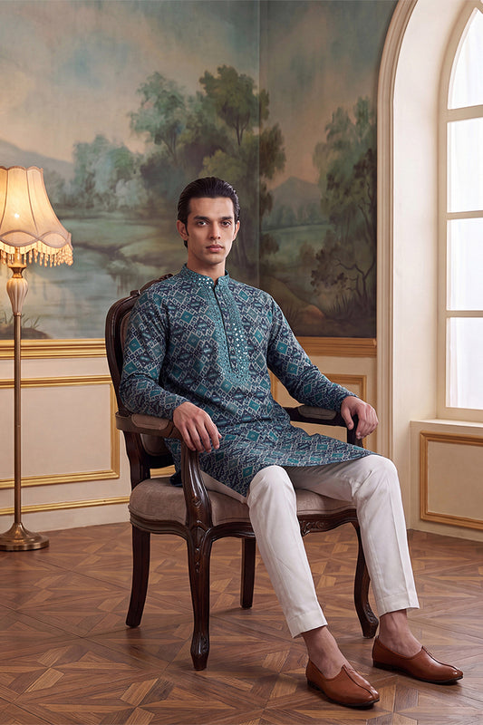 Sea Green Silk Blend Ethnic Motifs Ikat Printed Kurta With Trouser MKSET1893