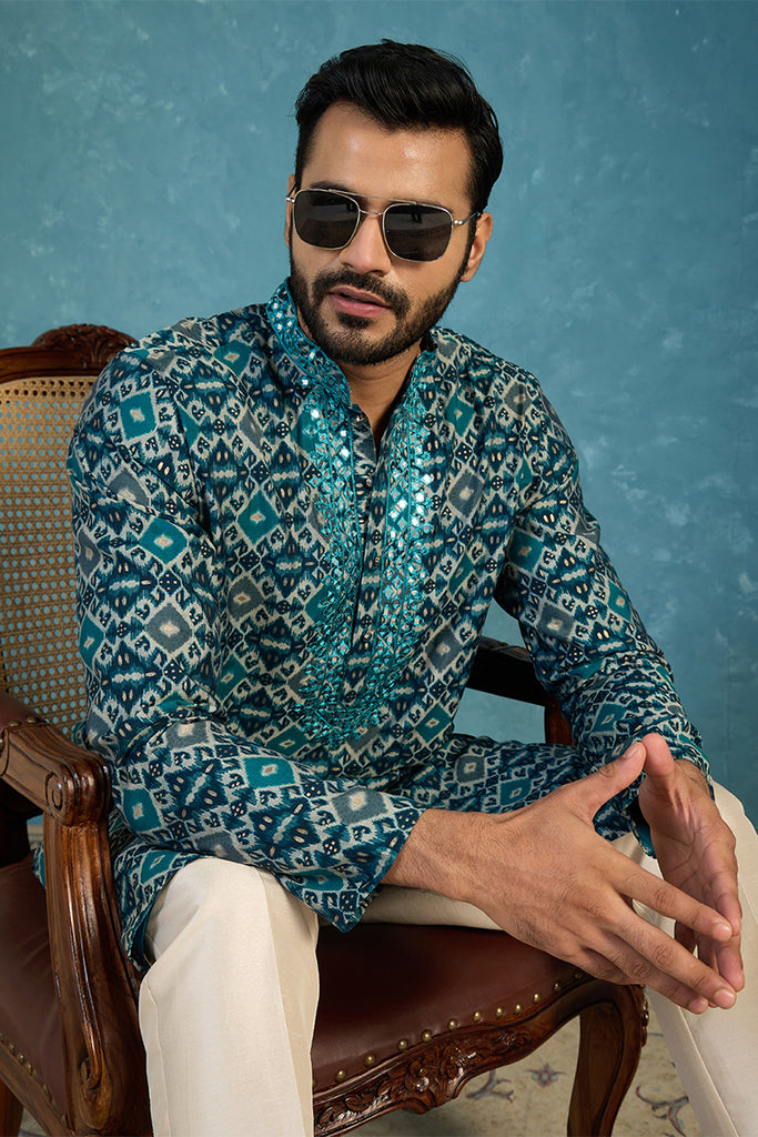 Sea Green Silk Blend Ethnic Motifs Ikat Printed Kurta With Trouser MKSET1893