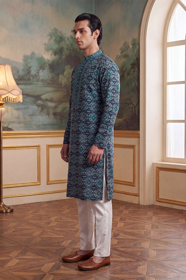 Sea Green Silk Blend Ethnic Motifs Ikat Printed Kurta MKU1893