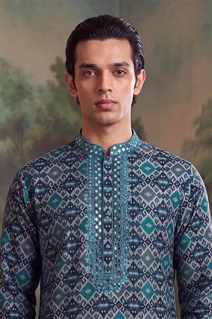 Sea Green Silk Blend Ethnic Motifs Ikat Printed Kurta With Trouser MKSET1893