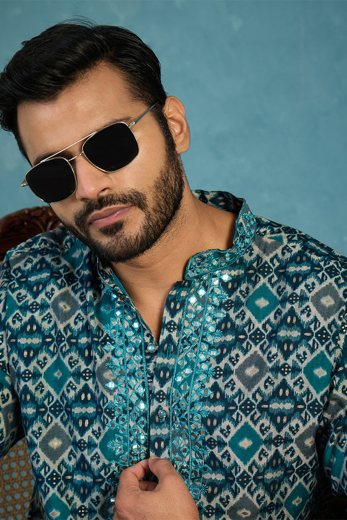 Sea Green Silk Blend Ethnic Motifs Ikat Printed Kurta With Trouser MKSET1893