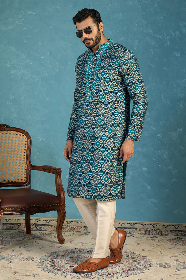 Sea Green Silk Blend Ethnic Motifs Ikat Printed Kurta With Trouser MKSET1893
