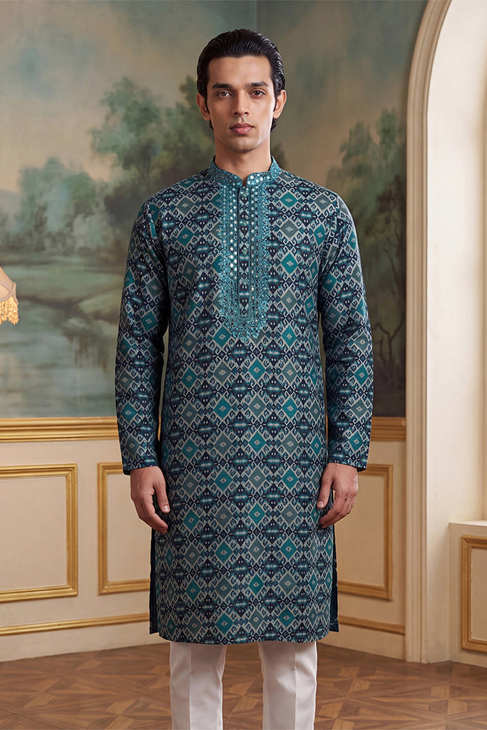 Sea Green Silk Blend Ethnic Motifs Ikat Printed Kurta With Trouser MKSET1893