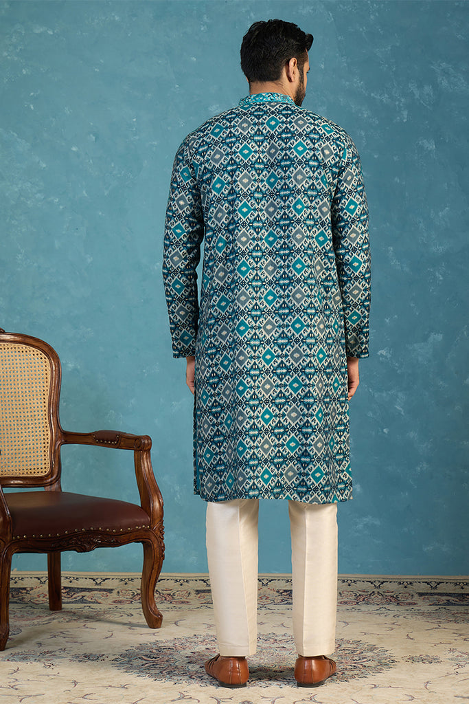 Sea Green Silk Blend Ethnic Motifs Ikat Printed Kurta With Trouser MKSET1893