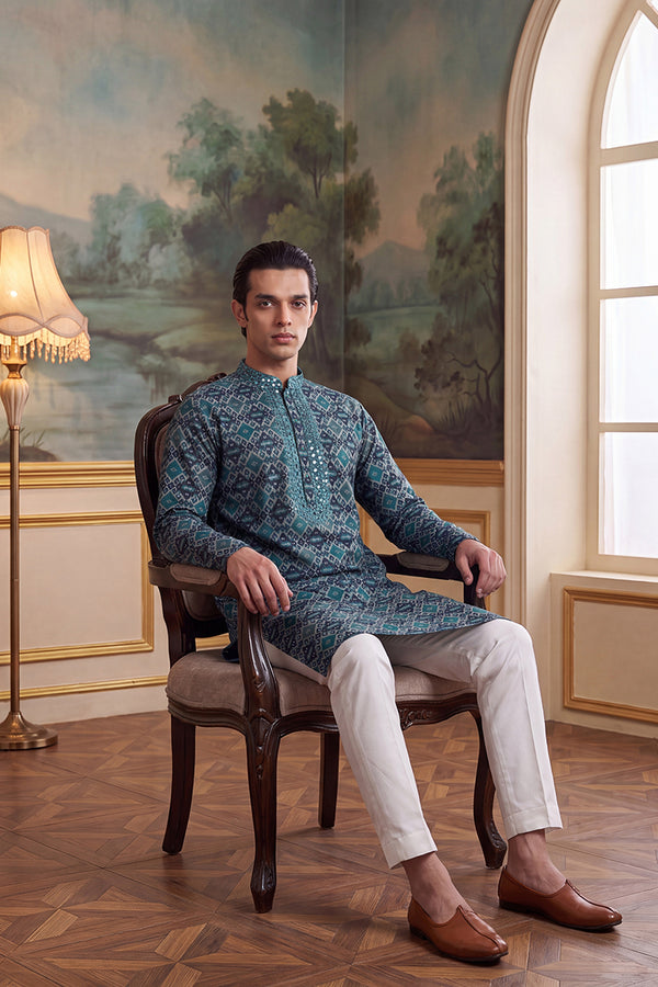 Sea Green Silk Blend Ethnic Motifs Ikat Printed Kurta MKU1893