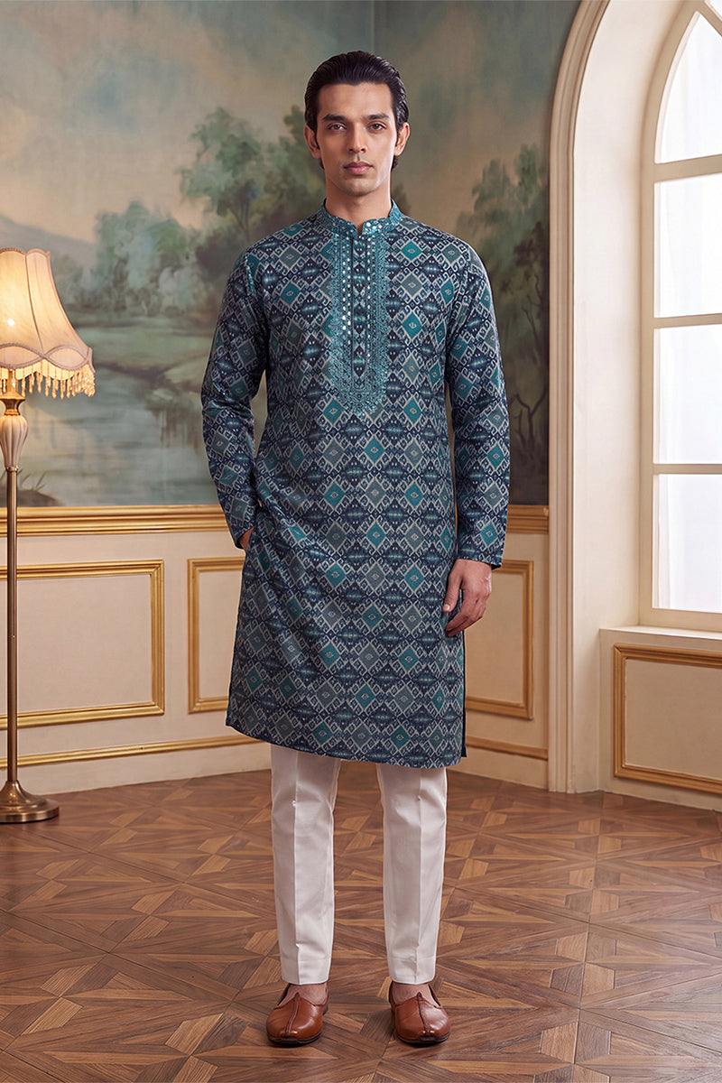 Sea Green Silk Blend Ethnic Motifs Ikat Printed Kurta With Trouser MKSET1893